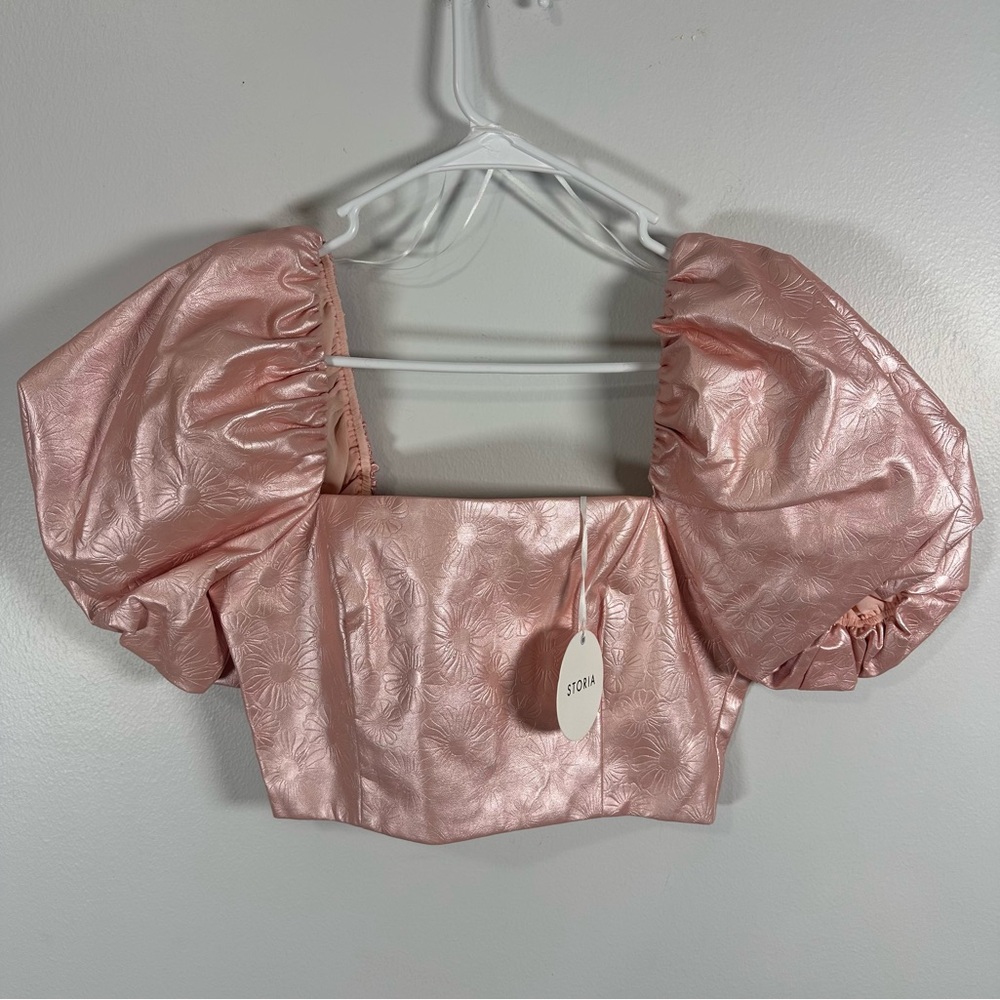 Storia Pink Puff Sleeve Crop Top floral print PU or PV size Small zipper back